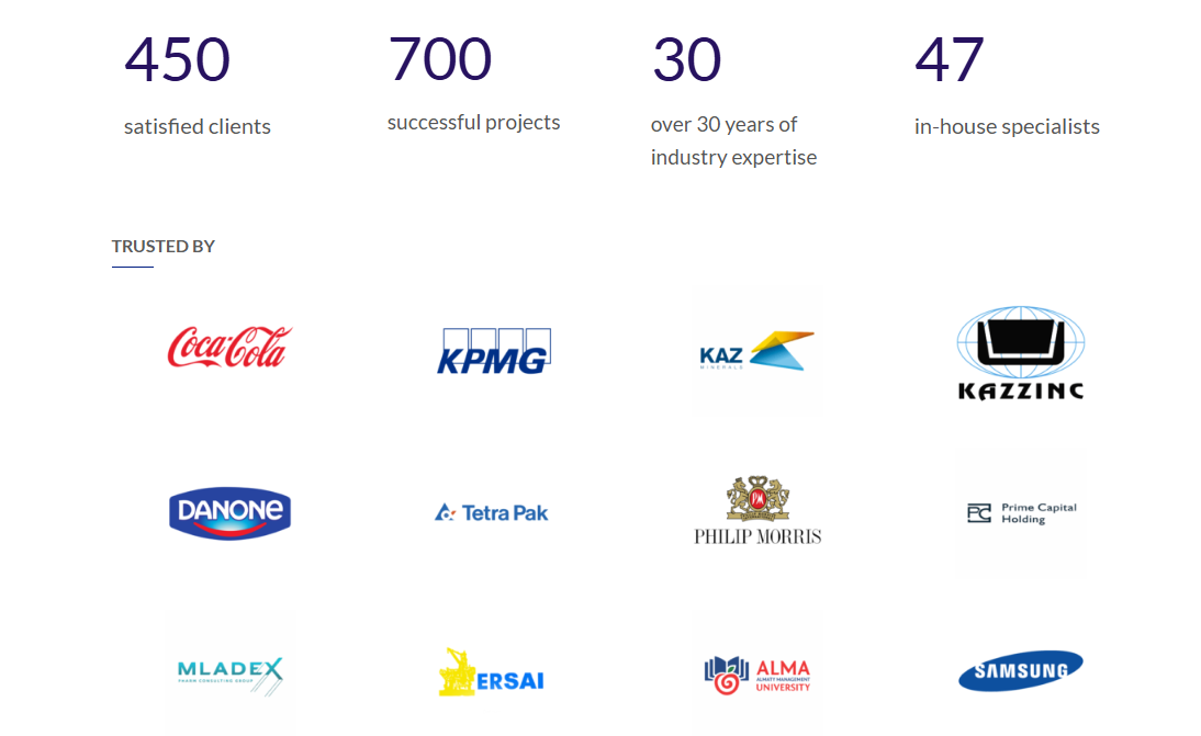 Trusted clients including Coca-Cola, KPMG, Kaz Minerals, Kazzinc, Danone, Tetra Pak, Philip Morris, Prime Capital, Mladex, ERSAI, Alma University and Samsung